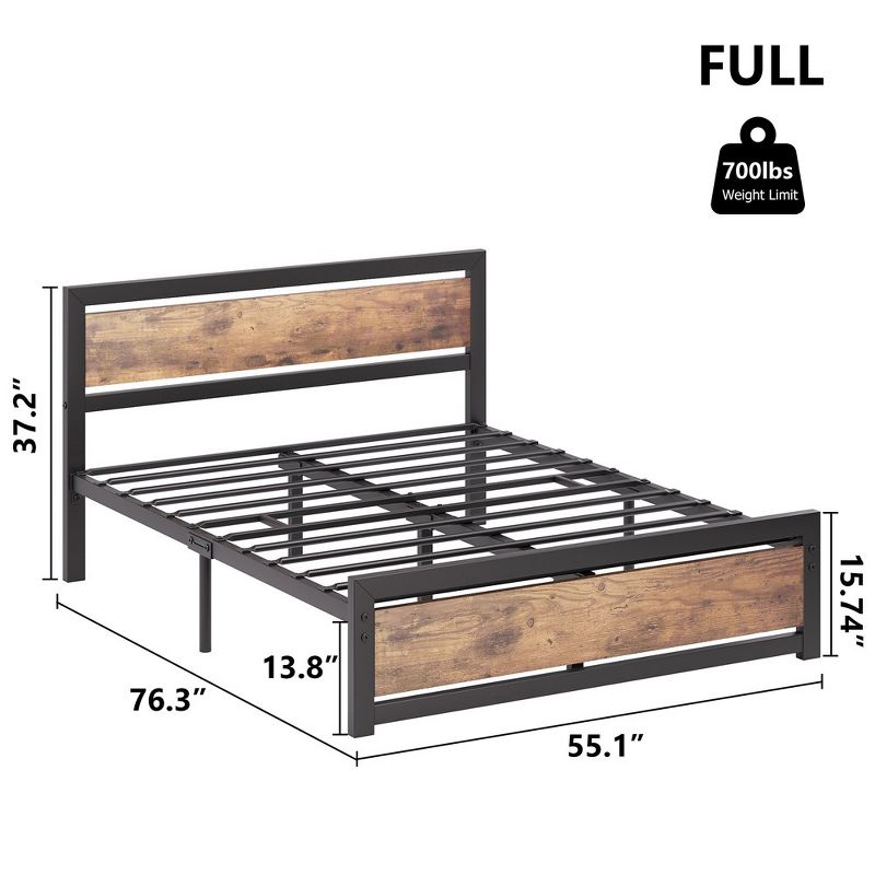 Full Size Bed Frame with Wooden Headboard and Footboard, Metal Full Bed Platform No Box Spring Needed, 2 of 7