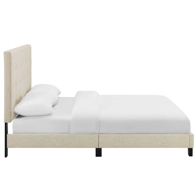 Elegant Cream Full Platform Bed with Tufted Velvet Upholstery