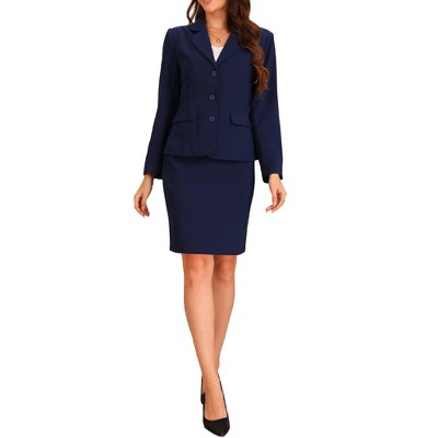 Allegra K Women's Business Suit Collared Button Down Blazer and Pencil Work Skirt Set 2 Pcs