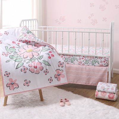 The Peanutshell Pink Floral Fun 5 Piece Crib Bedding Set for Baby Girls Nursery Set with Blanket