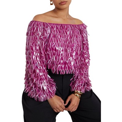 ELOQUII Women's Plus Size Fringe Sequin Off The Shoulder Top