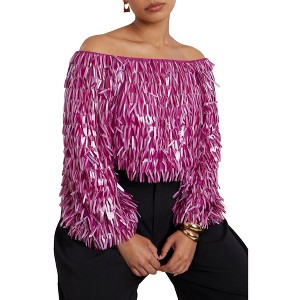 ELOQUII Women's Plus Size Fringe Sequin Off The Shoulder Top - 1 of 4