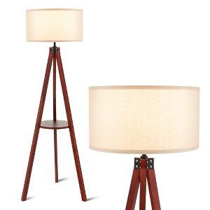 Tangkula Tripod Floor Lamp Wood Standing Lamp w/ Flaxen Lamp Shade and E26 Lamp Base - 1 of 4