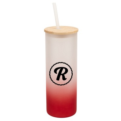 Elanze Designs R Monogram Letter Initial Rope Circle Wrap-Around Design 25 Ounce Frosted Gradient Glass On-The-Go Coffee Travel Skinny Tumbler Mug
