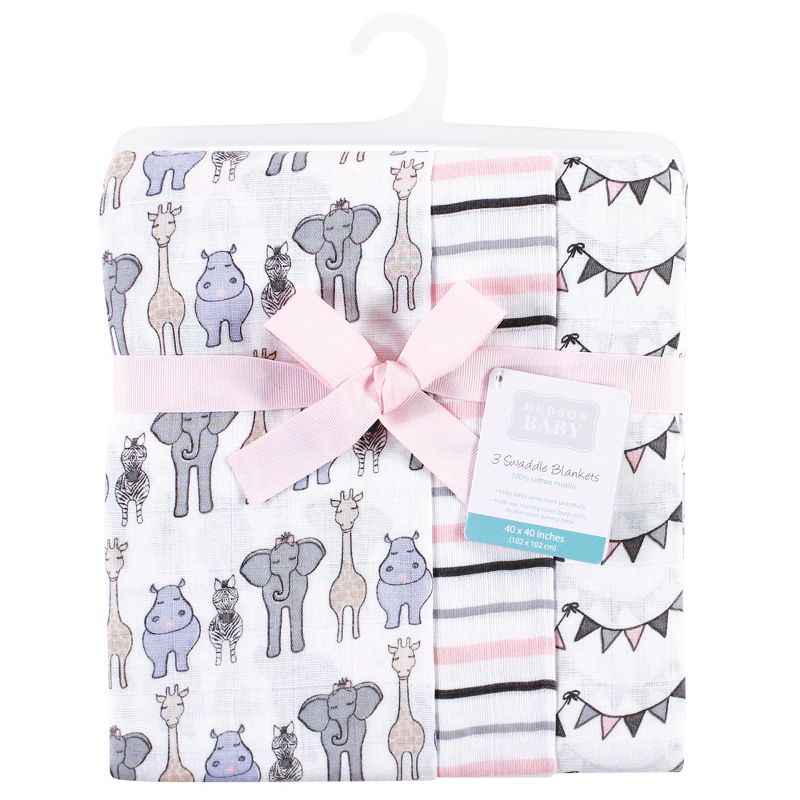 Hudson Baby Infant Girl Cotton Muslin Swaddle Blankets, Pink Gray Safari, One Size, 3 of 7