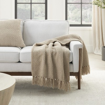 Beige Knitted Chenille Throw Blanket with Tassels 50" x 60"