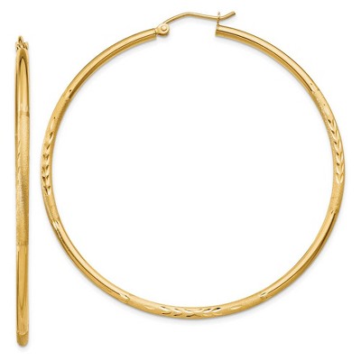 Black Bow Jewelry 2mm x 55mm 14k Yellow Gold Satin & Diamond-Cut Round Hoop Earrings