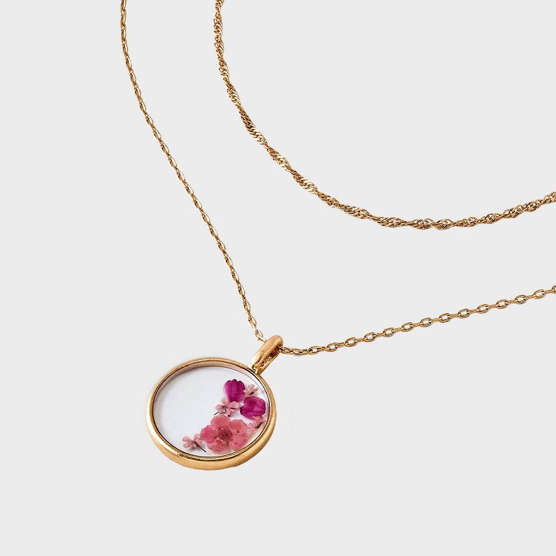Bella Uno Bellissima Silver Plated KT Flash Pressed Flower Pink Wildflower Round Faux Duo Chain Necklace - Gold, 4 of 5