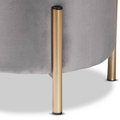 Luxe Grey Velvet and Gold Metal Round Ottoman