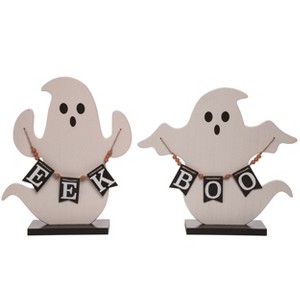 Transpac Plywood Ghost Figurines with Banner Set of 2 Halloween Indoor Decor Multicolored Tabletop Gifts Easy Care - 1 of 1