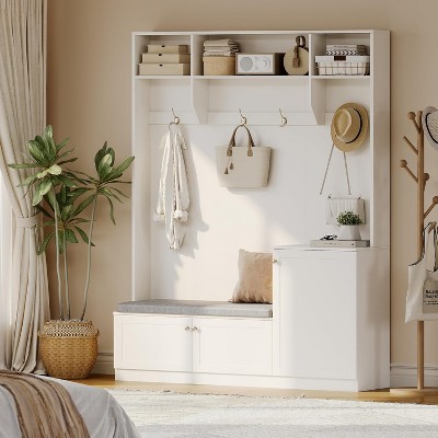 78.8" Hall Tree with Shoe Storage and Coat Rack, Farmhouse Entryway Bench, 4 Shoe Cubbies, 4 Coat Hooks, 3 Top Open Shelves