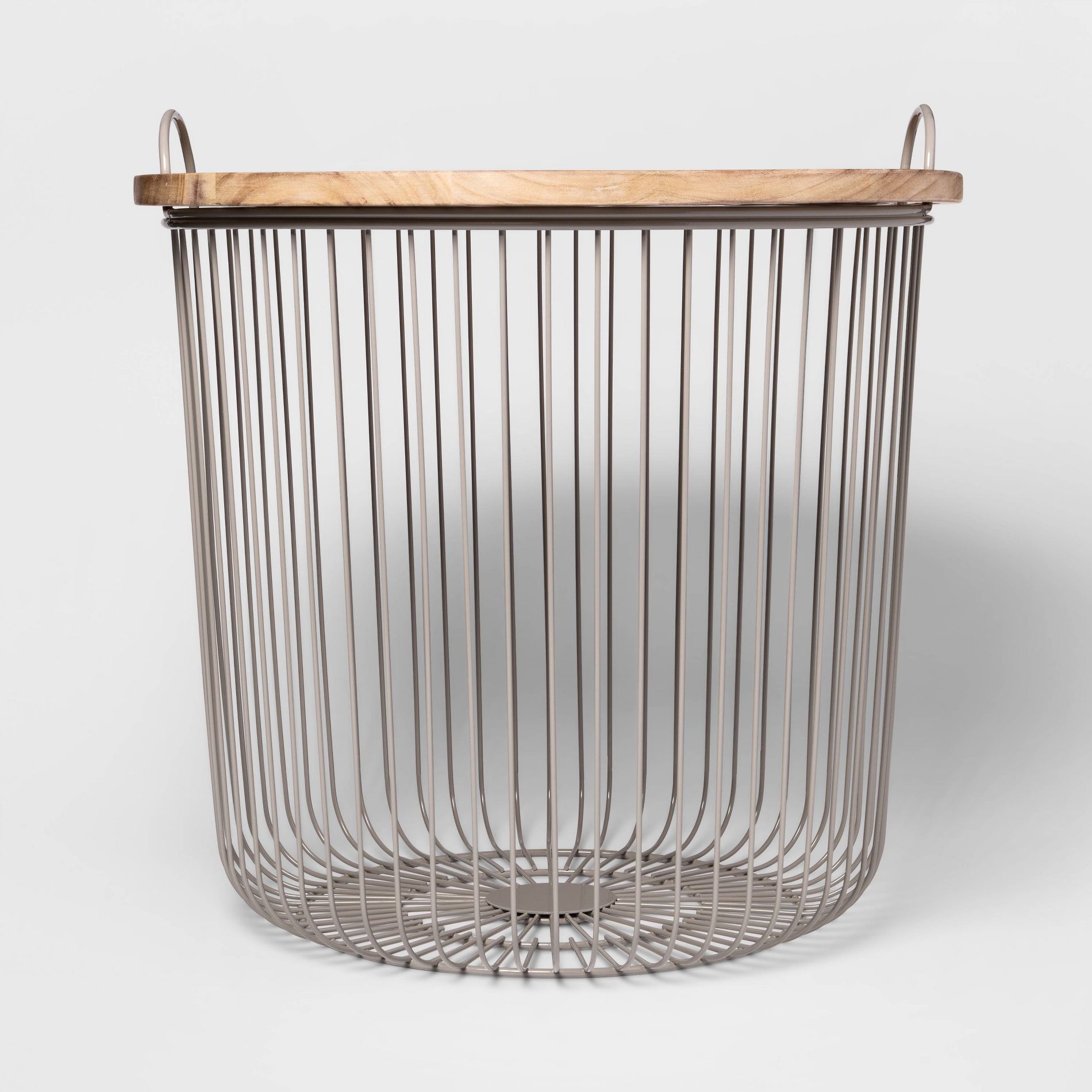 Wire Kids' Storage Floor Bin Gray - Pillowfort™: Round Metal & Wood Basket with Lid and Handles