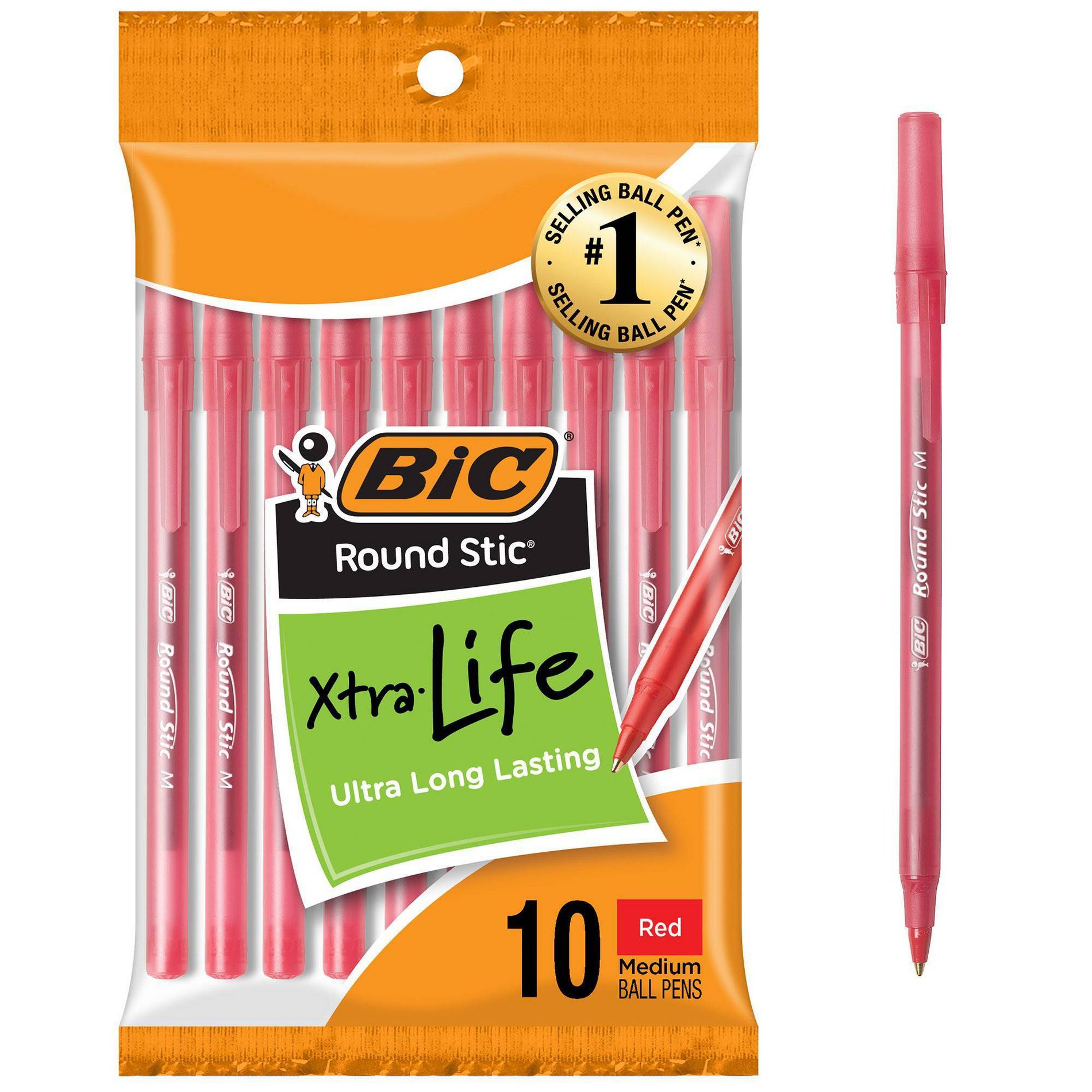 BiC Xtra Life Ballpoint Pens, 1.0mm, 10ct - Red: School Supplies, Stationery, Visible Ink, Round Stic