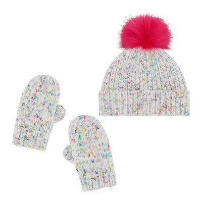 Andy & Evan Kids Girls Hat & Mitten Set - Confetti Chenille White