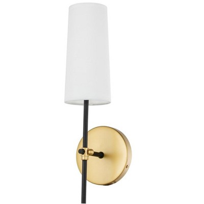 Brass and Black Wall Sconce with White Linen Shade