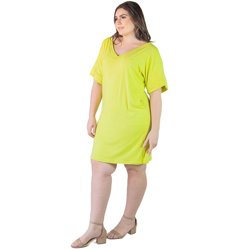 24seven Comfort Apparel Plus Size Solid Color Loose Fit V Neck T Shirt Style Knee Length Dress, 2 of 6