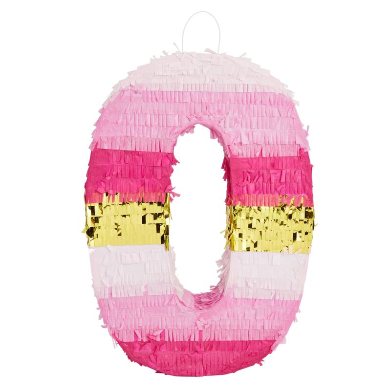 Blue Panda Small Pink and Gold Number 0 Pinata for Kids Birthday Party Decorations, 11.35 x 16.5 x 3 in, 3 of 7