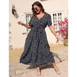 Coolmee Women Plus Size Casual Ruffle V Neck Short Sleeve High Waist Wrap Maxi Dress With Belt - 1 of 4