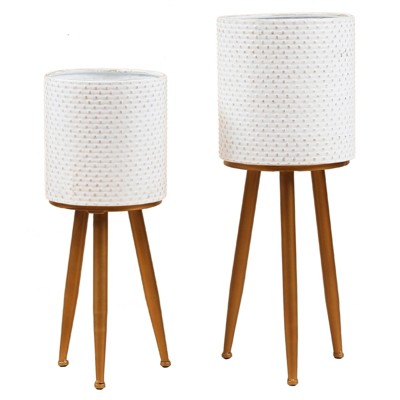 LuxenHome Set of 2 White Dimpled Metal Cachepot Planters with Bronze Metal Legs