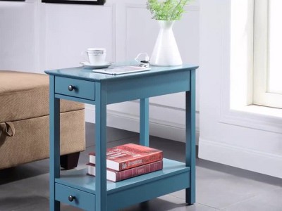 Teal Wood Rectangular Side Table with USB Charging Dock