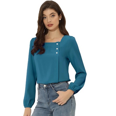 Allegra K Women's Casual Button Decor Long Sleeve Solid Square Neck Blouse