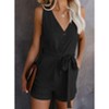Womens Summer Sleeveless V Neck Romper Waist Belted Shortall Linen Romper Summer Short Jumpsuits Front Button Romper with Pockets - 4 of 4