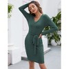 Women's 2025 Fall Sweater Dress V Neck Long Sleeve Ribbed Knit Tie Waist Bodycon Slim Fit Mini Dresses - 4 of 4
