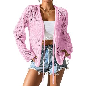Women's Tie Front Crochet Cardigan Lightweight Hollow Out Knit Cardigan Shrugs Cropped Tops Cover Up - 1 of 4