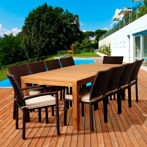 Coral 11-Piece Teak/Wicker Rectangular Patio Dining ...