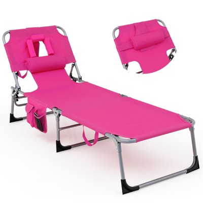 Tangkula Beach Lounge Chair Reclining Chair with 5 Adjustable Positions Detachable Pillow &Hand Ropes Blue/Black/Gray/Turquoise/Beige/Pink