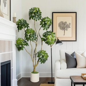 5-foot tall artificial umbrella-shaped Schefflera tree, artificial plant, white pot, multi-trunk design, suitable for home office porch decoration - 1 of 4