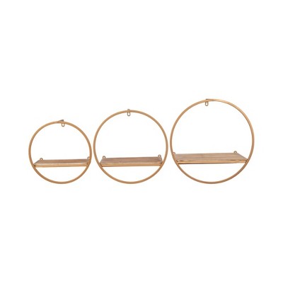 Sagebrook Home Set of 3 11.75"/13.75"/15.75" Elliptical Bronze-tone Metal and Brown Wood Wall Shelves for Wall Storage