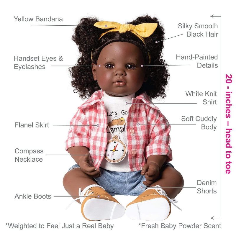 Adora Realistic Black Baby Doll Happy Camper Toddler Doll - 20 inch, Soft CuddleMe Vinyl, Black hair, Brown eyes, 4 of 10