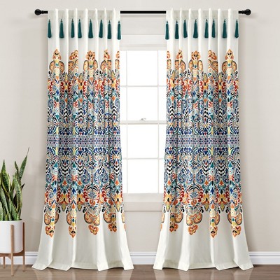 Boho Medallion Window Curtain Panels Turquoise/Tangerine 52X84 Set
