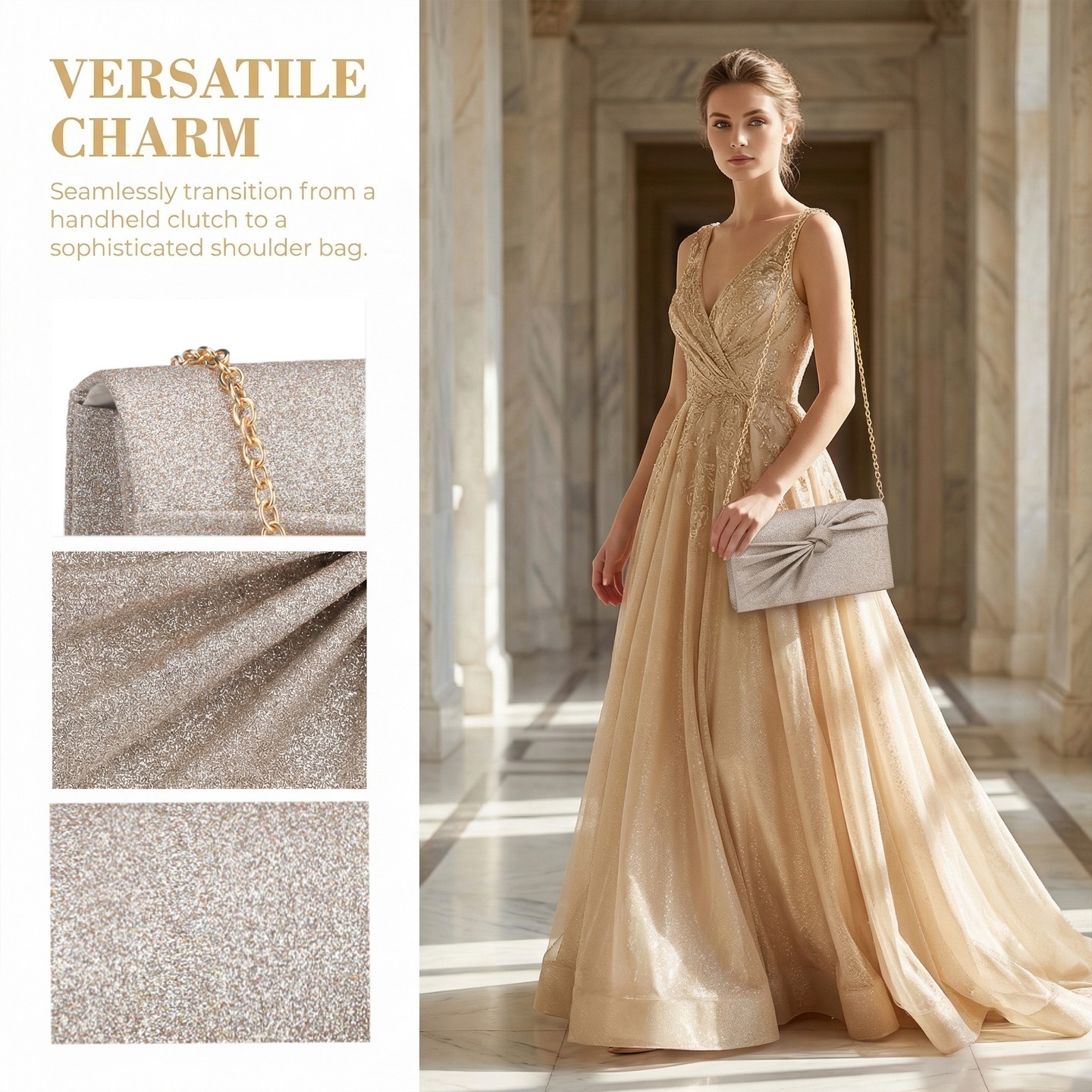 Женские клатчи INSPIRE CHIC 2 Packs Bow Clutch Purses for Women Pleated Evening Formal Handbags with Chain Gold/Silver 8.7*1.9*4.7 inches, цвет: Золотой — фото 4