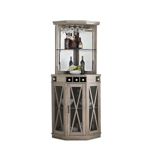 Home Source Corner Bar with Mesh Door Stone Gray: Lacquered Hardwood, Glassware Storage, 2 Shelves - 1 of 4