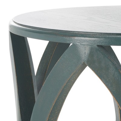 Dark Teal Geometric Wood and Metal Round Accent Table