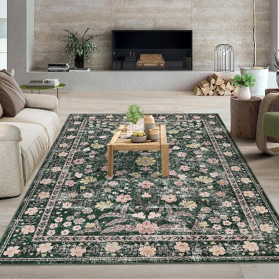 homfan Area Rug Retro Boho Mottled Flowers Rug Durable Non-Shedding Low Pile Washable Carpet for Living Room Bedroom