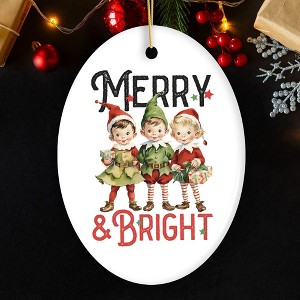 Vintage Elves Merry & Bright Christmas Ornament, Retro Ceramic Tree Decoration| OrnamentallyYou - 1 of 4