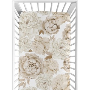 Sweet Jojo Designs Girl Baby Fitted Crib Sheet Peony Floral Garden Taupe and Ivory - 1 of 4