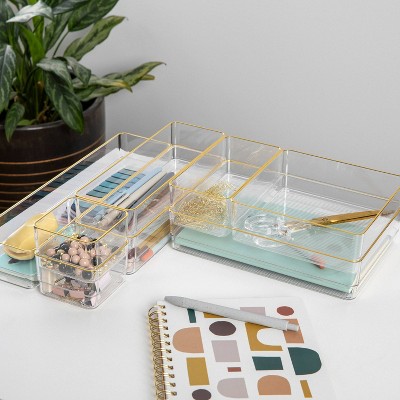 Martha Stewart 8pc Plastic Stackable Office Desk Drawer Organizers with Gold Trim Clear