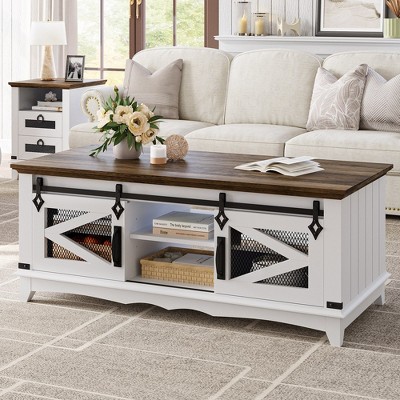Garvee Farmhouse Coffee Table 48'' Center Table Industrial Cocktail Table with Sliding Barn Doors Rectangular Living Room Table Rustic Coffee Table