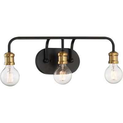 Possini Euro Design Modern Industrial Wall Light Black Brass Hardwired 20" Wide 3-Light Fixture Non Glass Bathroom Vanity Mirror