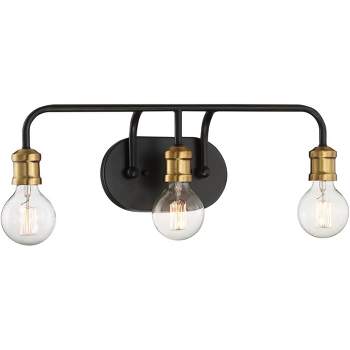 Possini Euro Design Aras Modern Industrial Wall Light Black Brass Gold Metal Hardwire 20" 3-Light Fixture Curving Arm for Bedroom Bathroom Vanity