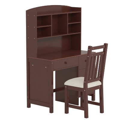 Vynxaria Vintage Executive Desk & Upholstered Chair Set with Bookshelf, Storage Drawers for Home Office