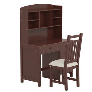 Vynxaria Vintage Executive Desk & Upholstered Chair Set with Bookshelf, Storage Drawers for Home Office - 1 of 4
