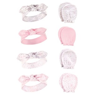 Hudson Baby Infant Girls Cotton Headband and Scratch Mitten Set, Gray Feather, 0-6 Months - 1 of 4