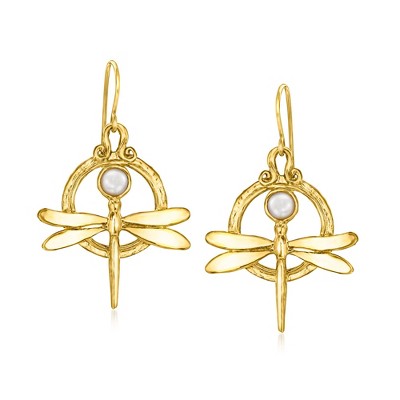 Ross-Simons 4.5-5mm Cultured Pearl Dragonfly Drop Earrings in 18kt Gold Over Sterling