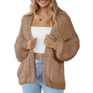 Coolmee Women's Open Front Chunky Knit Cardigan Loose Lantern Long Sleeve Oversized Sweater Coats with Pocket - 1 of 4