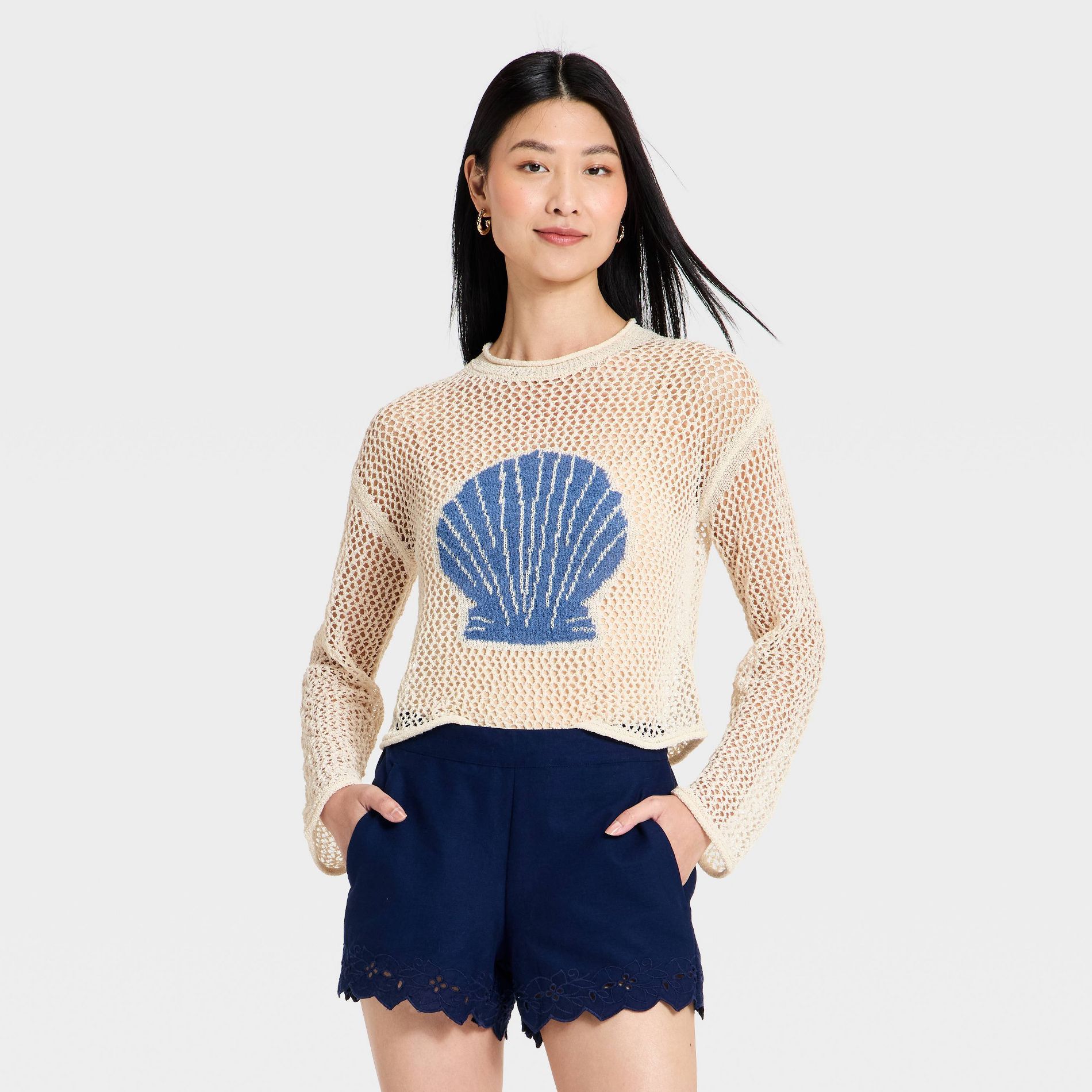 Women's Open Work Shell Pullover Sweater - A New Day™ Cream/Blue